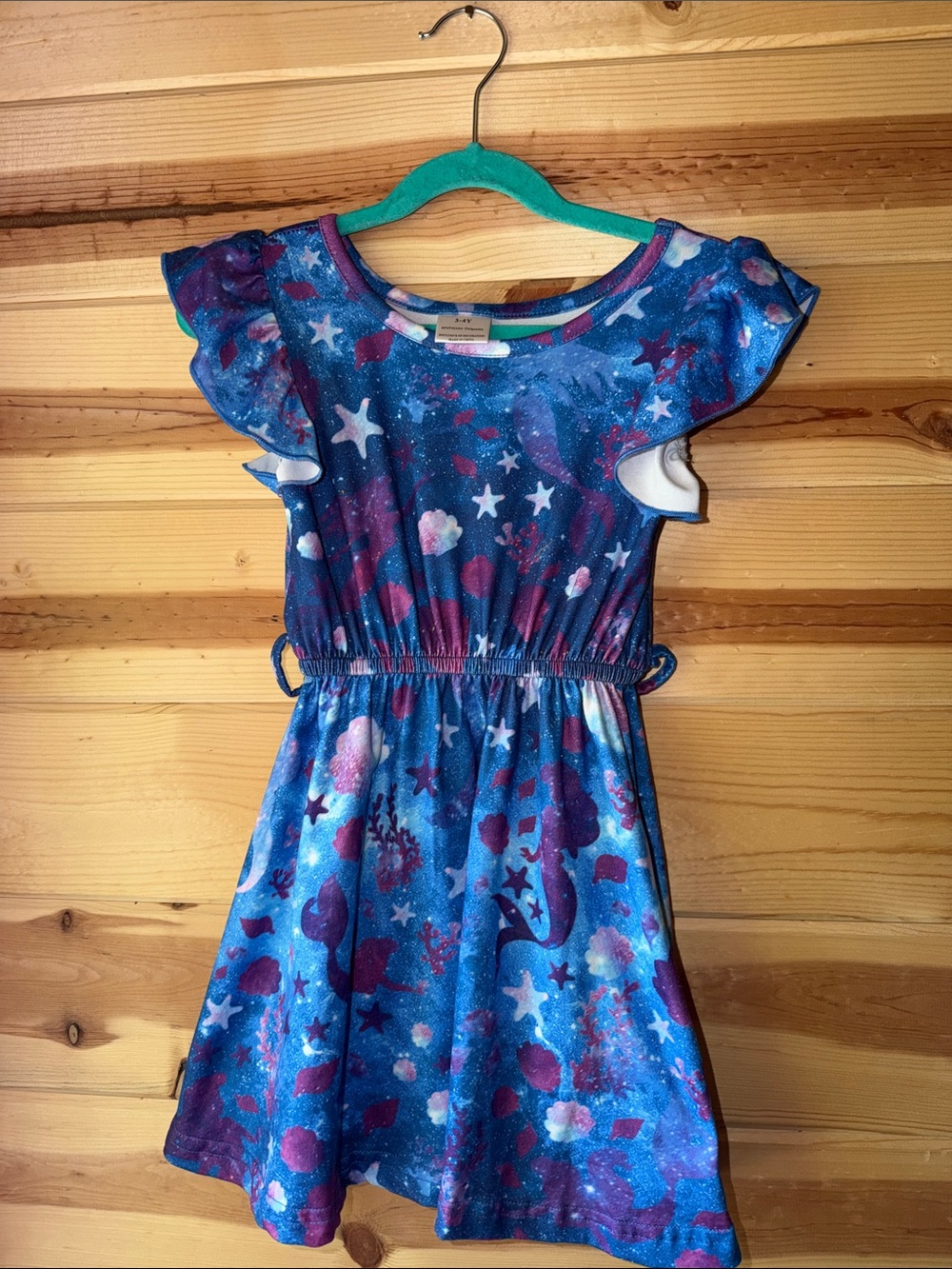 Girls Blue Starry Mermaid Print Ruffle Sleeve Dress- missing belt